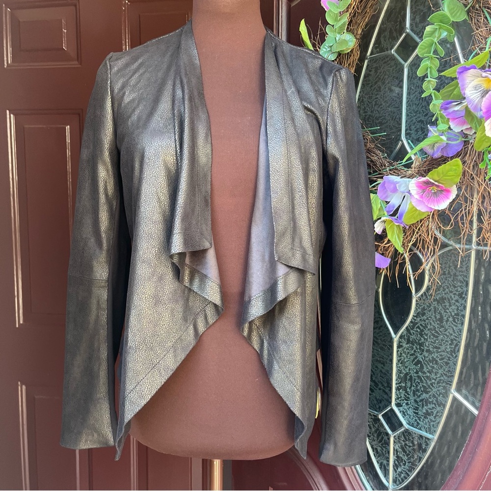 ABS Platinum black faux leather draped front panels jacket size small